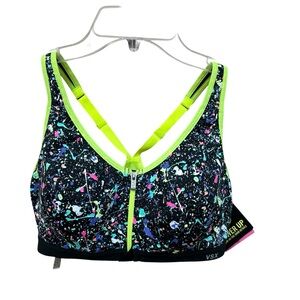 Victoria's Secret Black Splash-Print Front-Zip Sports Bra with Neon Trim